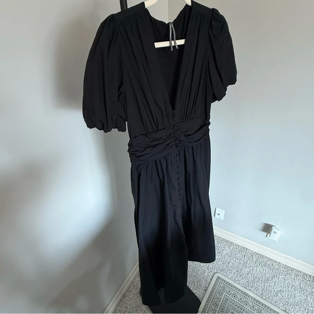 Anthro Somerset Black Midi Dress M Puff Sleeve Ruched Waist - Picture 3 of 7